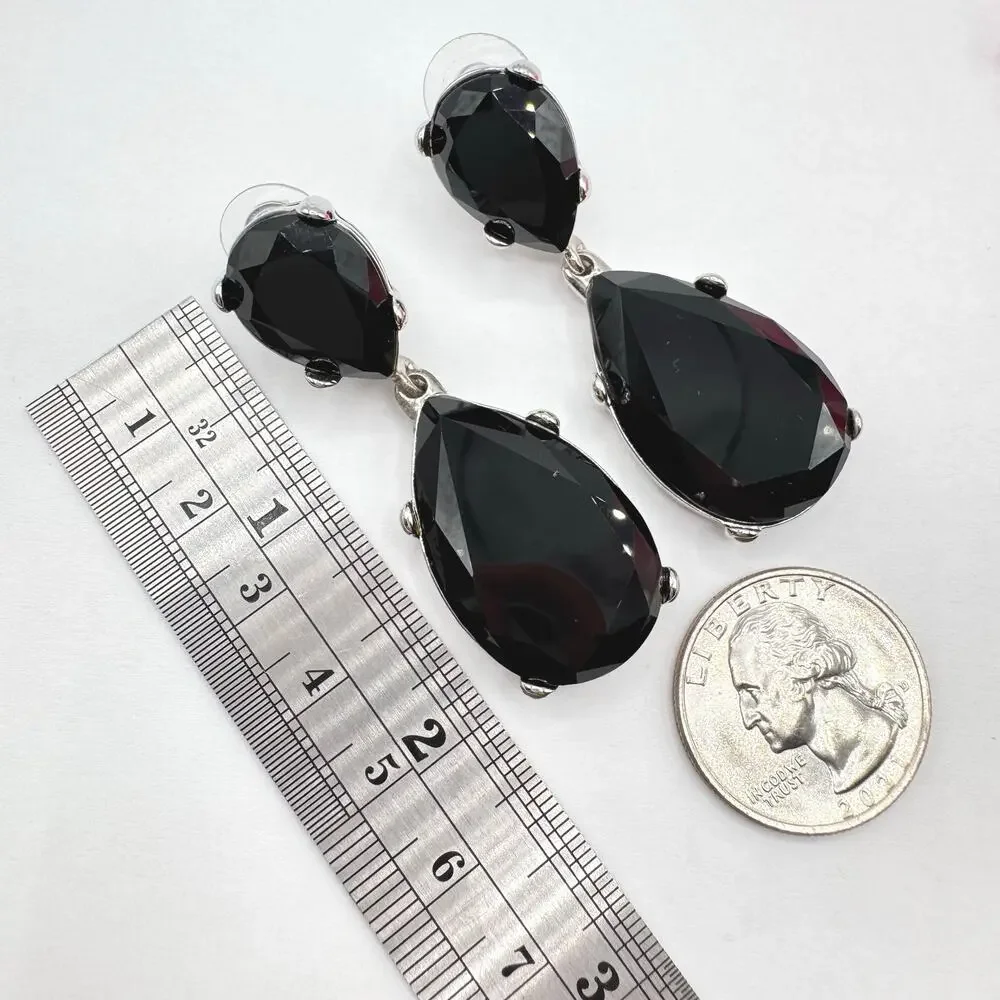 Kenneth Jay Lane Black Crystal Teardrop Earrings Silver Tone Signed Glam Gala - Picture 5 of 7